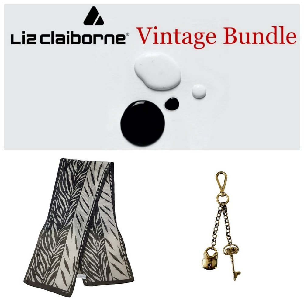 LIZ CLAIBORNE Vintage Bundle: Black White Scarf & Gold Bag Charm/Keychain